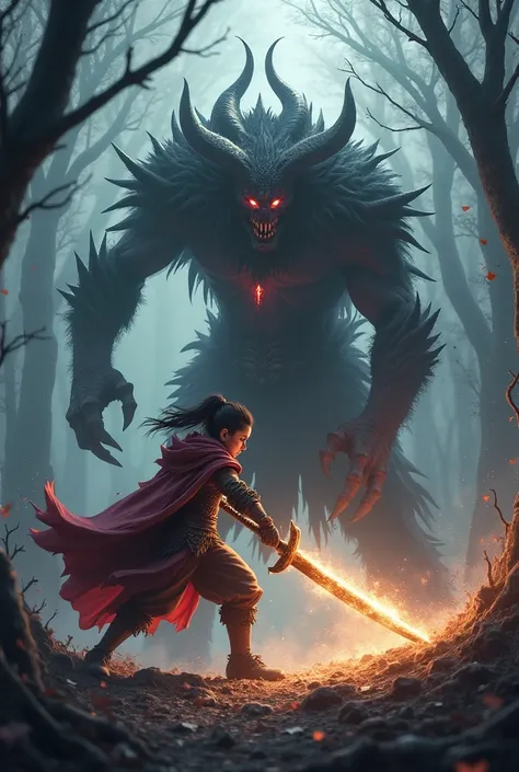  Create an animation where you see a young warrior involved in a fierce battle against a demon king, that they are in a forest surrounded by withered trees 