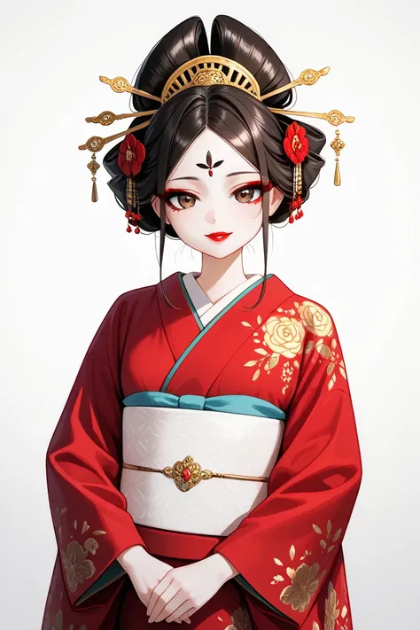 A beautiful and elegant courtesan (oiran) standing gracefully, wearing a luxurious red kimono with gold embroidery, adorned with intricate golden hairpins (kanzashi) and a traditional Japanese Date Hyogo-style updo. Her large, elaborate hairstyle features ...