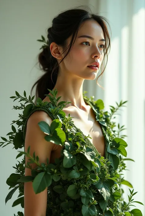 character sheet, female figure, ethereal beauty, olive-golden skin, wearing intricately woven large fig leaves and foliage dress covering body modestly, leaves layered like natural couture, vines and smaller leaves as delicate details, neutral studio setti...