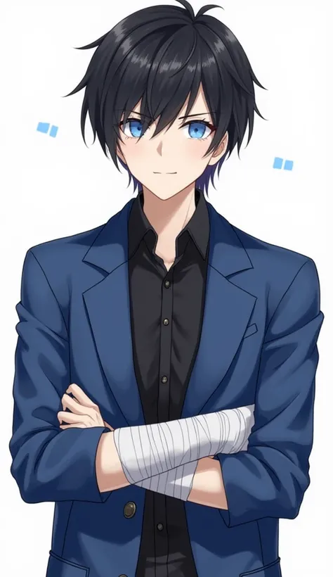 1 boy ,High Resolution, Bangs, Black Hair, Hair Between Eyes, Medium Hair, tall,fair, lean, narrow jaw, collared black  shirt, Blue waist length jacket, long sleeves,Cocky grin, bandaged left arm, blue eyes,Streaked Hair, 18, Symmetry, 