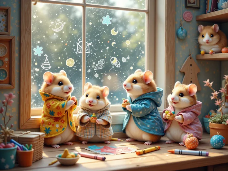 Beside a misted windowpane, a heartwarming tableau emerges, illustrating (an endearing assembly of hamster schoolchildren, snug in raincoats with charming floral and geometric patterns, and small galoshes) engaging in a cozy, yet rambunctious play by the g...