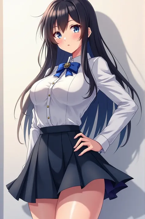 An 18 year old girl in anime style with white  and blue eye colour wearing school uniform with large breasts and ass looking sexy