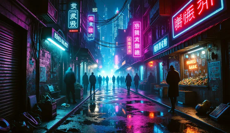 A dark city street illuminated by vibrant neon lighting in shades of blue and pink. The background is dimly lit, best quality , masterpiece,