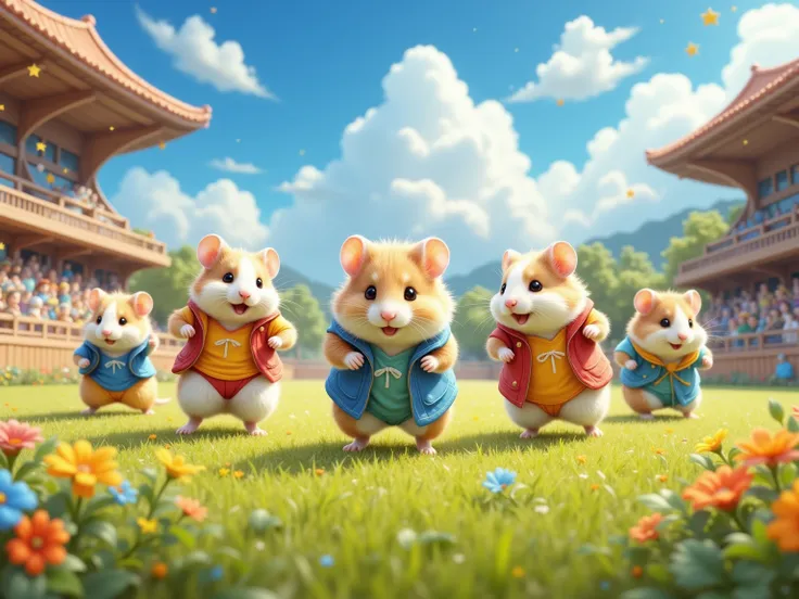 A vibrant and dynamic scene comes to life on the sunlit field where (energetic, uniformed hamster schoolchildren) participate in a spirited gym class. Their playful energy seems boundless as they scamper, their (tiny sneakers pattering) against the soft gr...