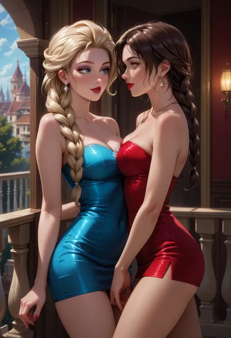 score_9, score_8_up, score_7_up, 2girls, duo, couple, beautiful waifu, sexy (Elsa, blonde, flowing hair, red lipstick:1.3), and beautiful waifu, sexy (Lara Croft, brown hair, braid, red lipstick:1.3), wearing (minidress, shimmering, sleeveless, strapless, ...