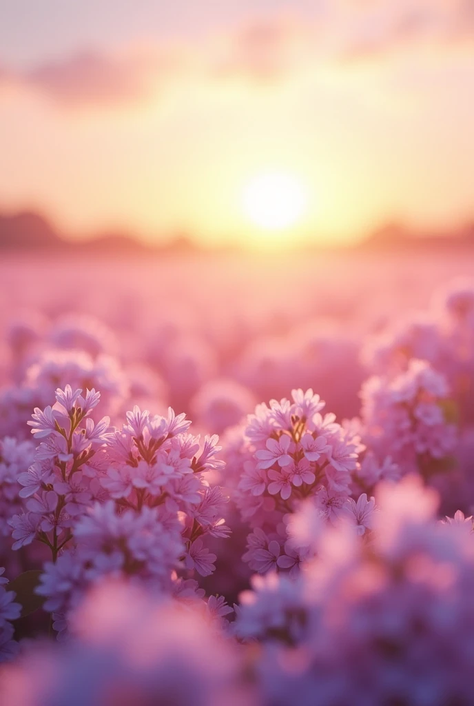 A wonderful field of delicate  ,  pink and lilac flowers in a clear sky at sunset 