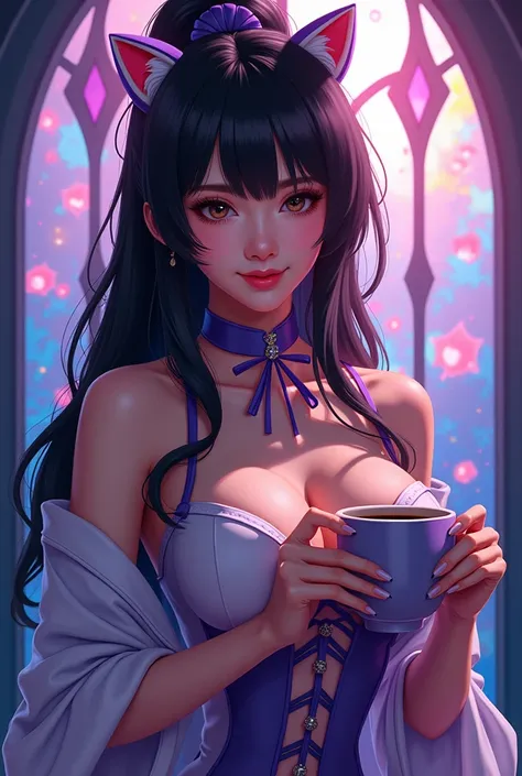 Stained glasses art,a beautiful asian girl big boobs wearing  cosplay Hinata Hyuga, glossy with the text "Bandros",looking very sexy, while a cup coffee,highly detailed face, striking pose, complex background, vibrant colors, cinematic lighting, photoreali...