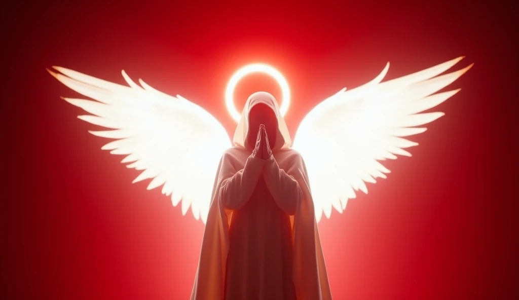 A symmetrical composition in the center features the silhouette of a mysterious angel with a hidden face, cloak and large white wings with a radiant halo. The angel is crafted entirely from bright white light and ethereal energy, set against a deep red bac...