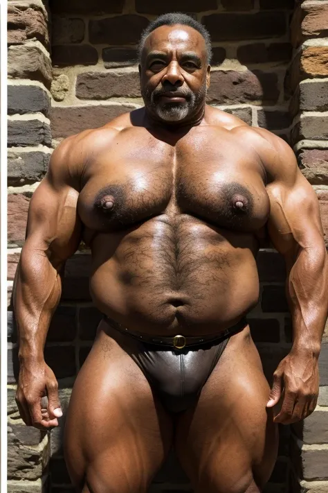    Hyperrealistic image of Sergio Oliva, a fat and elderly bodybuilder, like a Gallic slave   , with a bare torso covered in mud, Wingo Bear ,Weighing more than 200 kg  , with wet gray hair  ,  with big dark nipples  ,  relaxing his muscles  ,  with a very...