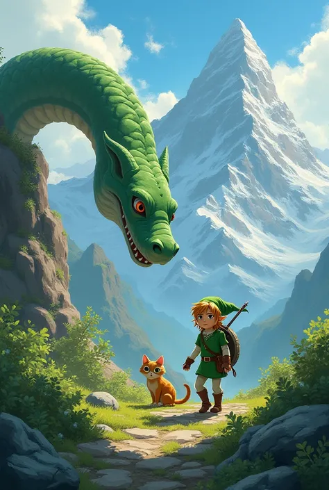 Create a picture of little Link and a cat walking on a mountain, encountering a giant snake and running away to save their lives.