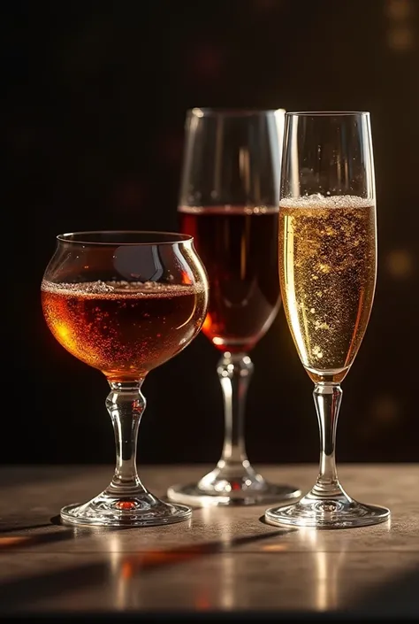  Generate a beautiful image with a glass of brandy, one of wine and one of champagne  