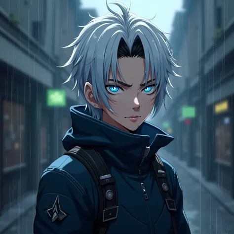 anime cute man 18-year-old, clean design, intricate details, (glowing blue eyes), short parted white/black hair, techwear clothes, aggressive look, 8k resolution, full body, raining background