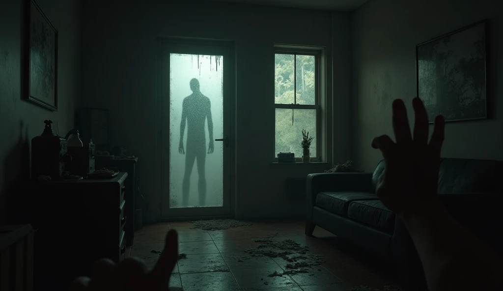 A dimly lit apartment room, the door is violently shaking as something pounds against it from the other side. A shadow moves behind the frosted glass panel—whatever’s out there isn’t human. The player’s hands are trembling, visible in the foreground. A sli...