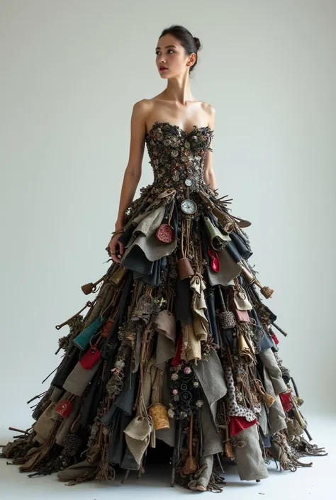 please make me a picture of a fashion model but wear a dress from scrap materials