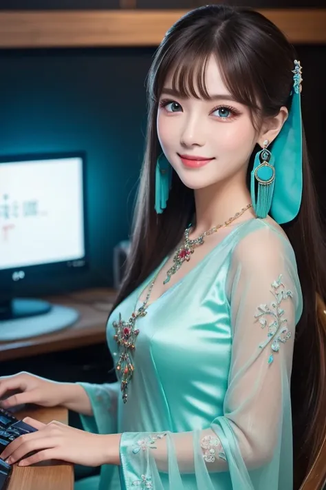 Masterpiece,  best quality ,  Ultra Details, illustration,( 1 girl), eyes drawn in beautiful detail,  Watch Your Audience, ( Hold up the computer keyboard ),  happy, ( turquoise hair:1), (Blue round eyes:1), (Round earrings), ( large turquoise jewelry neck...