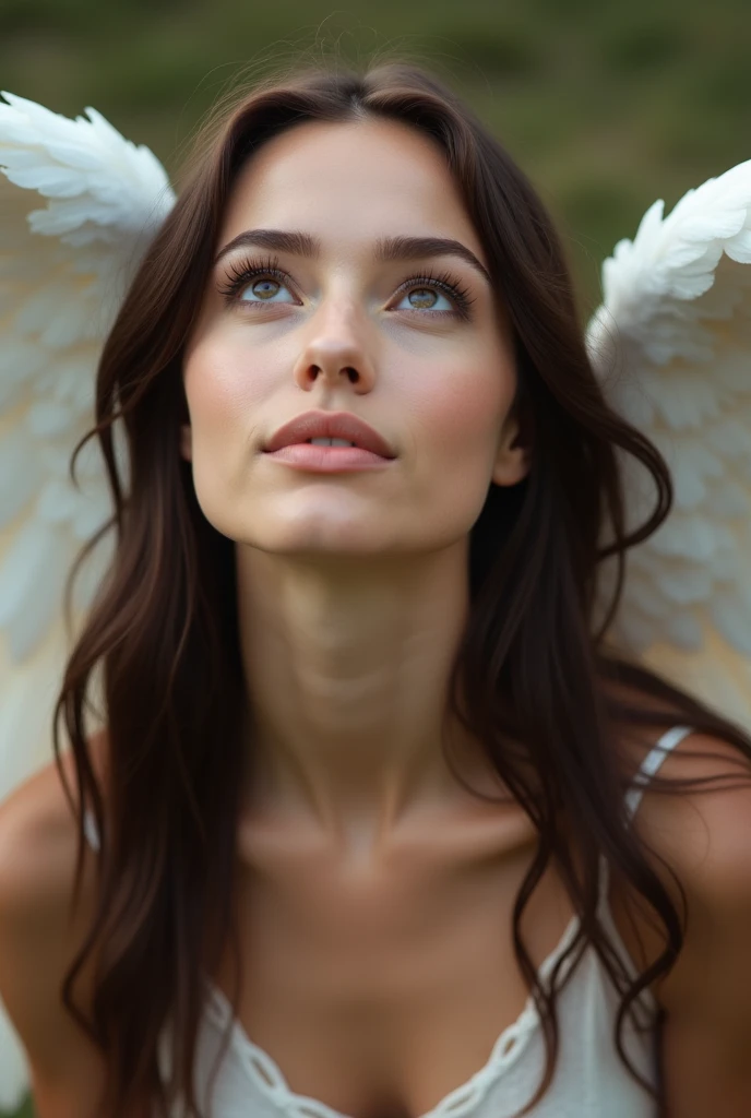 create an image of a beautiful woman with soft features, long dark brown hair, she looking above she resonates someone who is asking for strength and guidance. There is a pair of wings from guardian angel wrapped around her shoulders, giving her prtection ...