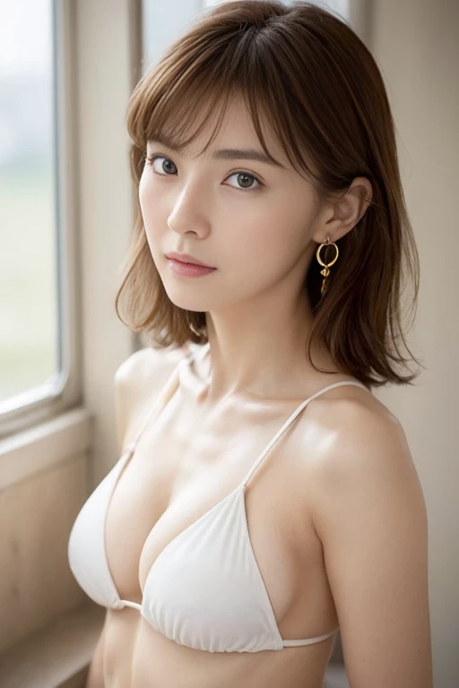 Nausicaa,  in the seat,  alone,  cute, shy, （カメラeye線）、 red earrings ,  brown hair, ( seen from a distance, Chest),  upper body, ( white bikini with Alterne), , On the floor, ( perfect detailed anatomy ,  beautiful face&eye)