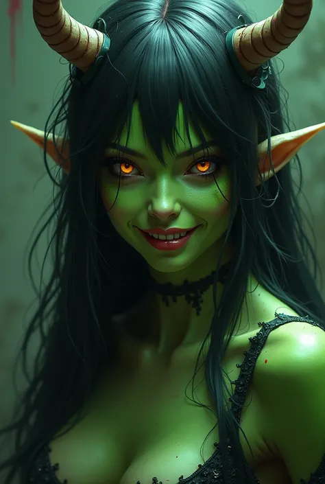 oni girl,  green skin , 2 horns, Smiling