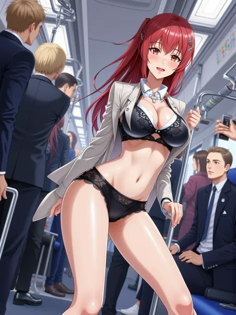 Maki Nishikino, Love Live, One Girl, crowded train, crowd, on the train, Attacked by a molester, Five Fingers, mini skirt, Being petted, Highest quality, Displeased face, blazer, blouse, Black lace bra, black lace panties, Her thighs and groin are wet with...