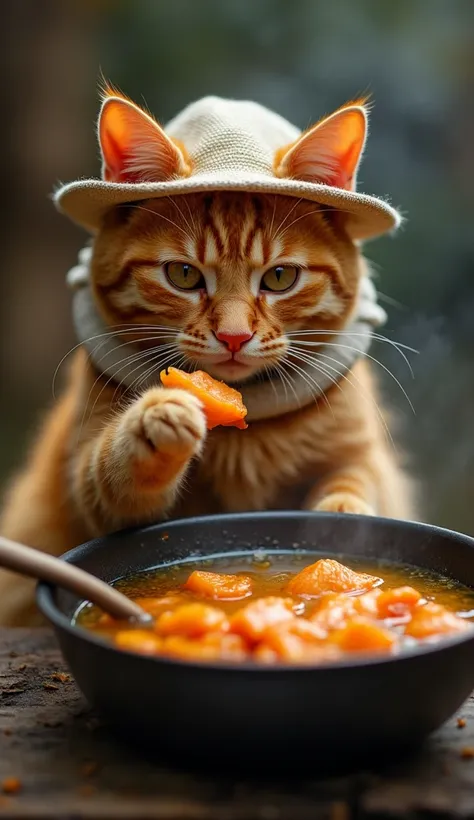 Orange cat wearing a hat , wearing a small cloth bag   ,  The cat stood in front of the boiling oil pan ,  in his hand was a small piece of fish .
Looking at the boiling oil pan ,  the cat inhales and carefully drops the fish in.