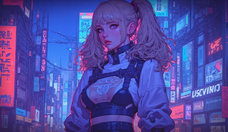  top quality　Ultra delicate　Japanese anime anime　 one pretty girl　Pink light　blue-purple scenery 　 The downtown area of the future　Strong shadows 　 strong contrast 　 cyberpunk　Big Breasts 　Underboob　 twin tails　 twin tails