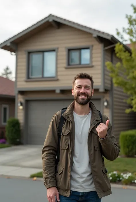 there is a man standing in front of a building with a bag on his shoulder, friedly smile, in front of the house, with index finger, friendly smile, with a happy expression, in a street, while smiling for a photograph, welcoming smile, with kind face, in fr...