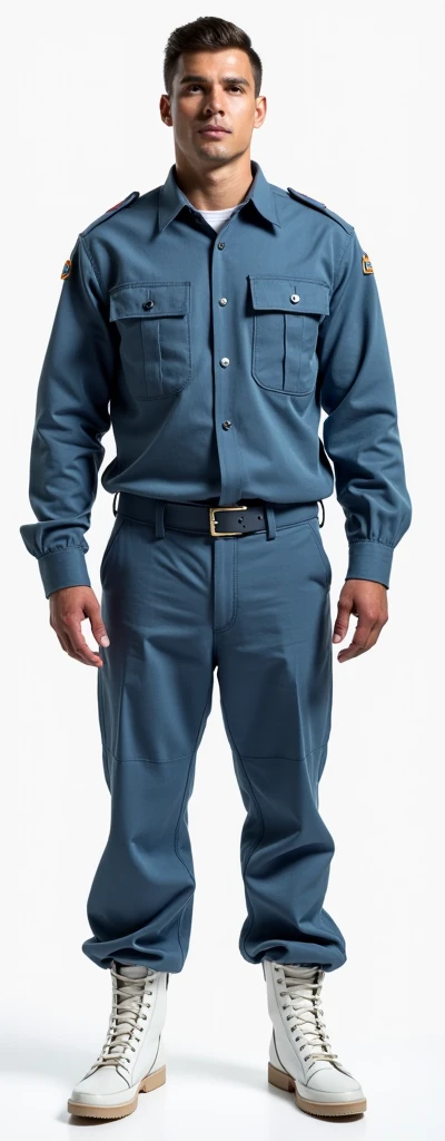 military uniform, blue shirt with pants, white boots, 2014-2015 The guy stands at full height and straight.Stands straight.A type of uniform worn during war or regular service.With weapons and equipment.Dressed inwhite tactical gear