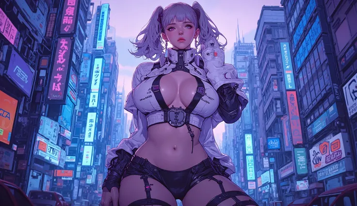  top quality　Ultra delicate　Japanese anime anime　 one pretty girl　Pink light　blue-purple scenery 　 The downtown area of the future　Strong shadows 　 strong contrast 　 cyberpunk　Big Breasts 　Underboob　 twin tails　 twin tails