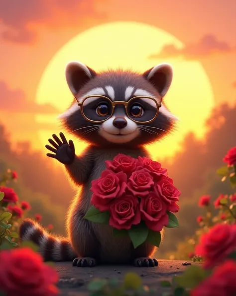 generates a raccoon with glasses, holding a bouquet of roses with one hand and waving with the other hand, in the background a radiant sunrise