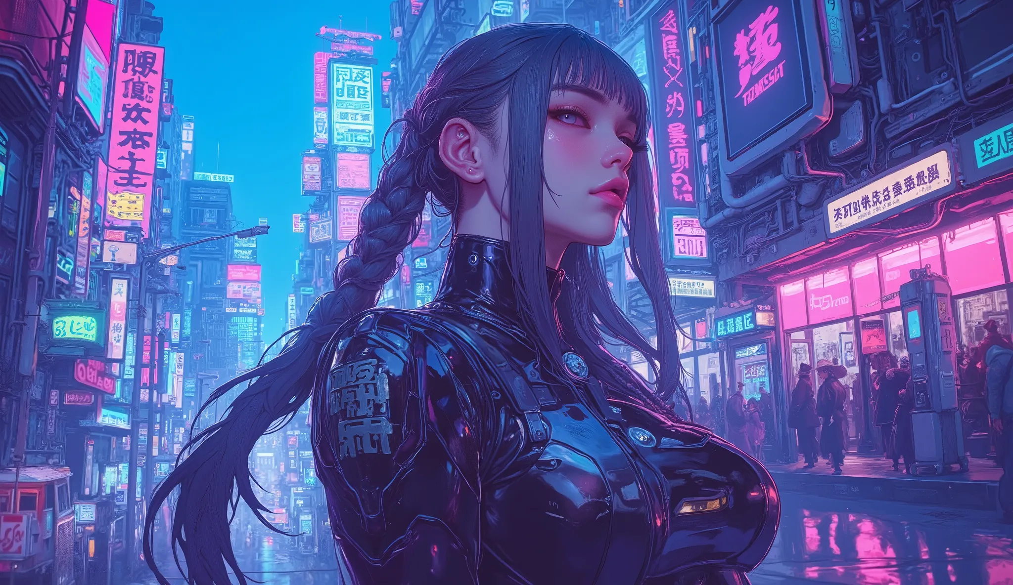  top quality　Ultra delicate　Japanese anime anime　 one pretty girl　Pink light　blue-purple scenery 　 The downtown area of the future　Strong shadows 　 strong contrast 　 cyberpunk　Big Breasts 　Underboob　 twin tails　 twin tails