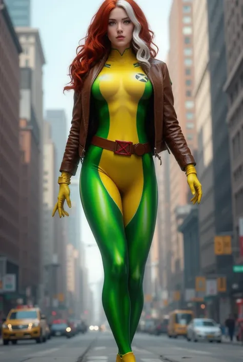 1girl, ultra realistic picture, Rogue, wearing a green and yellow tight costume, wearing a brown leather jacket, tellow short gloves, beautiful face, blue eyes, young woman, redhead, white lock of hair on the front, sexy figure, big breasts, small waist, t...