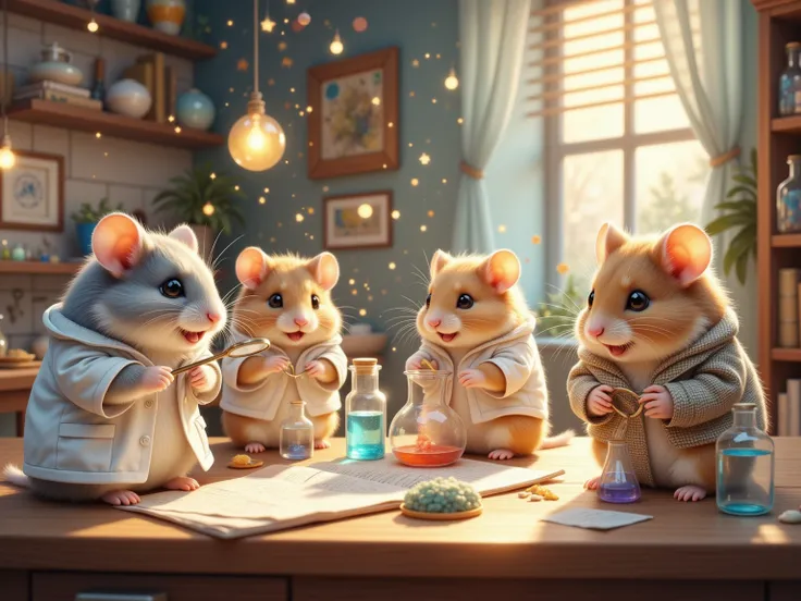 In the luminescent realm of the bustling science lab, hamster elementary students clad in miniature lab coats dive headfirst into an enchanting world of discovery. With eyes sparkling like constellations, these tiny scientists move between stations, their ...