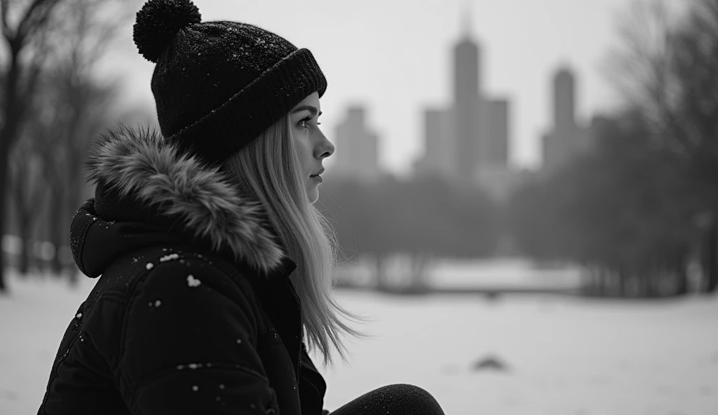 realistic, black and white of close of a beautiful woman sitting in a snowy park with a city skyline in the background, chill vibe, chill vibes, in a chill position, winter vibes, chill, lonely vibe, ambient vibe, calm and mysterious vibes, nostalgic vibes...