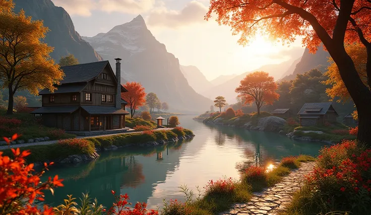 a small village by the river, mountains in the background, floral flowers colorful, detailed landscape, Beautiful natural landscapes, atmospheric lighting, scorching sunset, warm colours, praCreate an action-packed, cinematic-style video about Warframe usi...