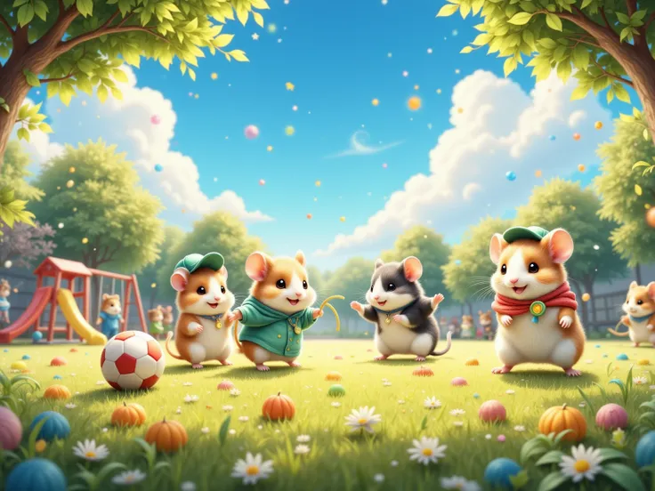 Under the wide embrace of a cerulean sky, the schoolyard becomes a wonderland of playful delight where hamster elementary students engage in the boundless joys of recess. A delightful chorus of squeaky laughter rings through the air as little paws tread ac...