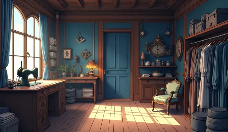 (inside tailor shop anime)( only background) (makoto shinkai style art)  (no character) (blue color) (luxury) (room) (cozy) (anime) (wooden)