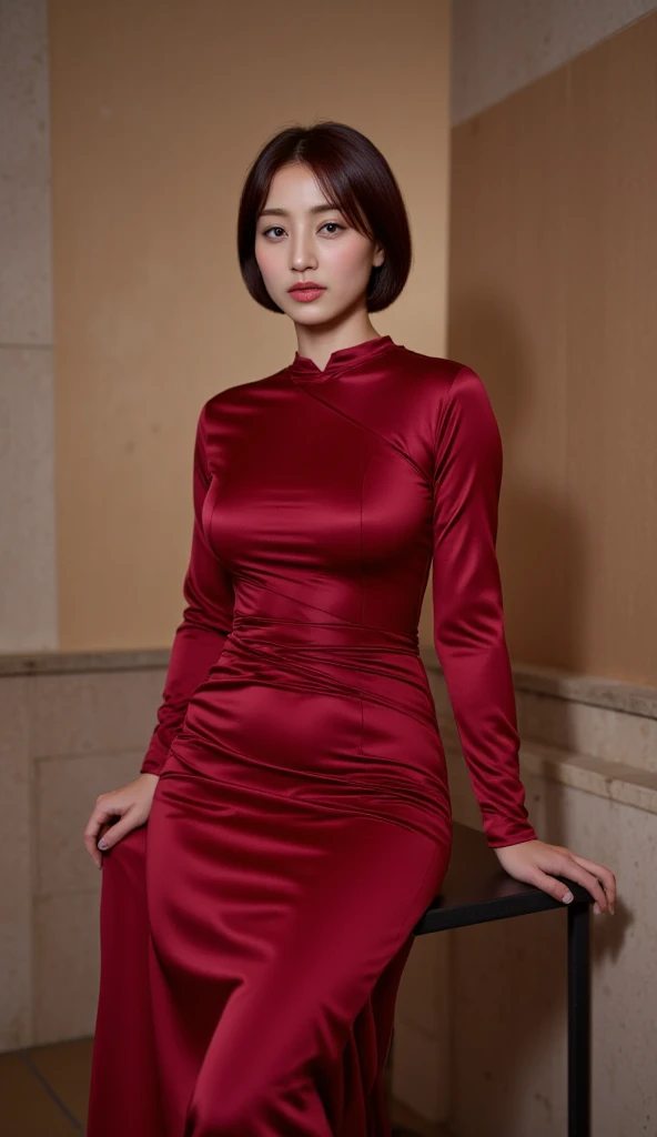  A woman,  sitting on a table ,   body and front facing legs,  using a long Muslim dress to the toe of red satin material