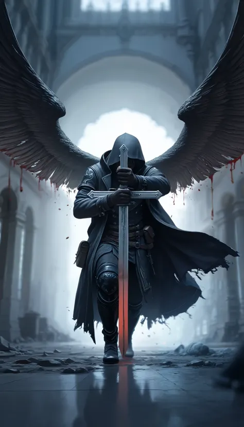( masterpiece, The best quality : 1.2), Underground Angel , broken wings,  holding a blue silver crucifix , luz de luna, Ominous clouds,  Dark fantasy illustration style , dark arts, HIGH CONTRAST, sombras oscuras,  atmospheric perspective  ,  melancholic ...