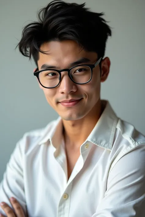 A realistic age hot guy with fluffy black hair and glasses wearing a white button up looking at the camera and smirking