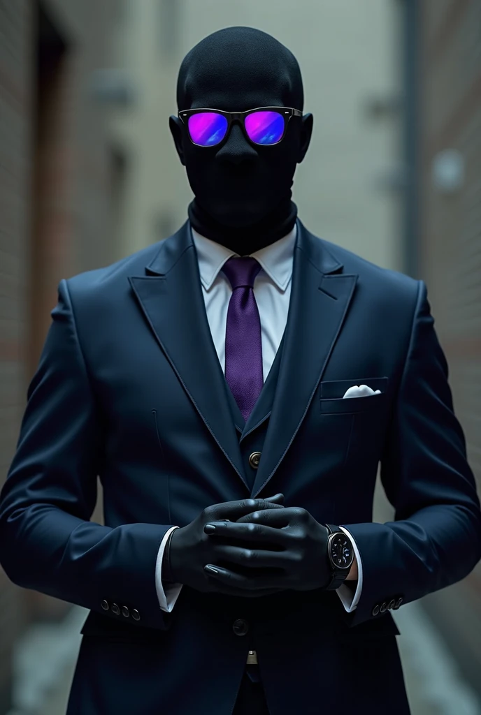  man with black mask with purple and blue glasses that covers his entire face except the eyes suit vest purple tie and black gloves white dress shirt under the suit, dark blue suit looking forward and make his arms in several different poses as if having a...