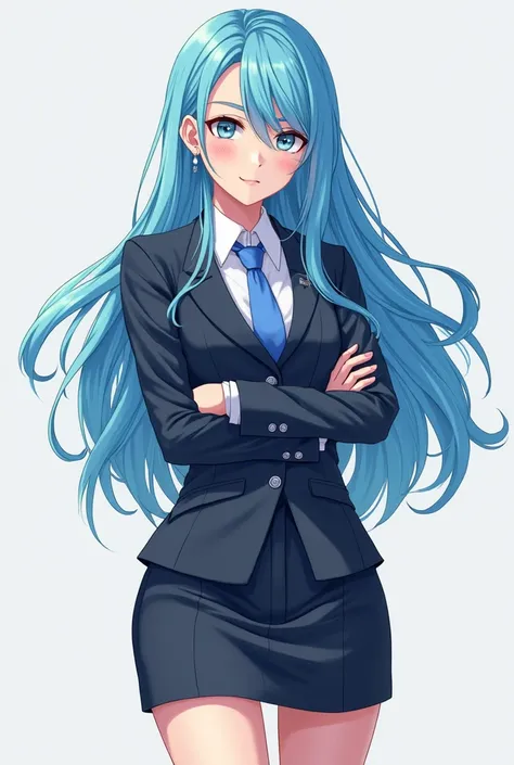 Female anime-style character with blue hair and a suit with a mini skirt and that the drawing is full body and that she is good