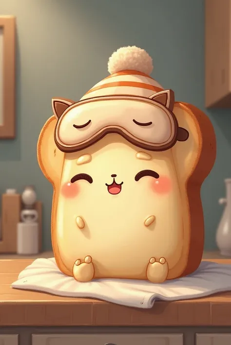 Sleepy Bread with eyes, mouth, nose in a nightcap and a sleeping mask