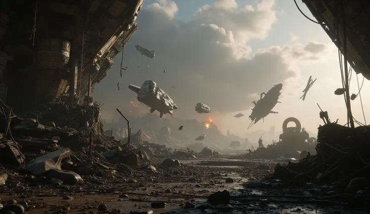 Scene: A ruined space station, floating debris, broken ships drifting lifelessly.

Camera Angle: Tracking shot, slow pan across wreckage to reveal distant explosions still burning in the void.
