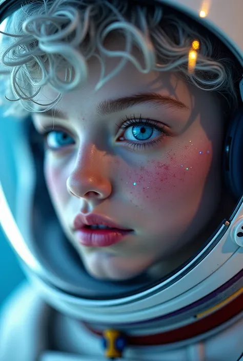 (Close-up of a better masterpiece:1.5)0.9], (Space and astronauts:1.2) (Messy silver hair:1.1) (Heterochromia xanthochromia and blue eyes:1.2) (Space Helmet:1.0) (Colored stars in the eyes:1.0) (A radiant glow:1.1) (thick lips:0.9)