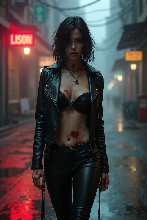 Beautiful, attractive woman. Brunette. Slim body. Tired face. Open leather corset. Leather pants. Bloody face. Blood stains on skin and clothes. Wet. Rain. Night city street. Neon lights. Empty street.