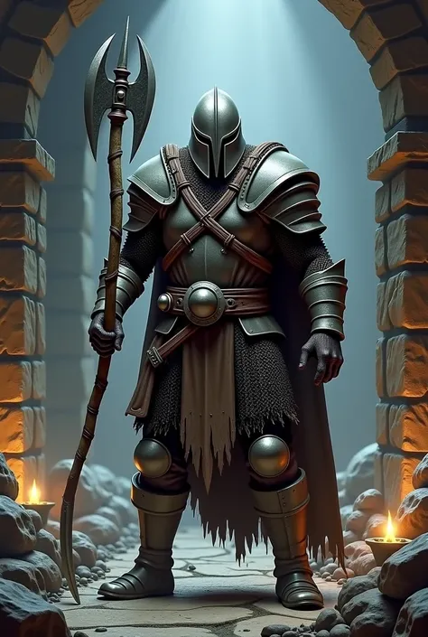 Scene Description: A rugged human warrior stands in a dimly lit dungeon, clad in a well-worn chainmail armor that glints faintly in the flickering torchlight. His face is hidden behind a sturdy, steel helmet with a narrow visor, adding an air of mystery. H...