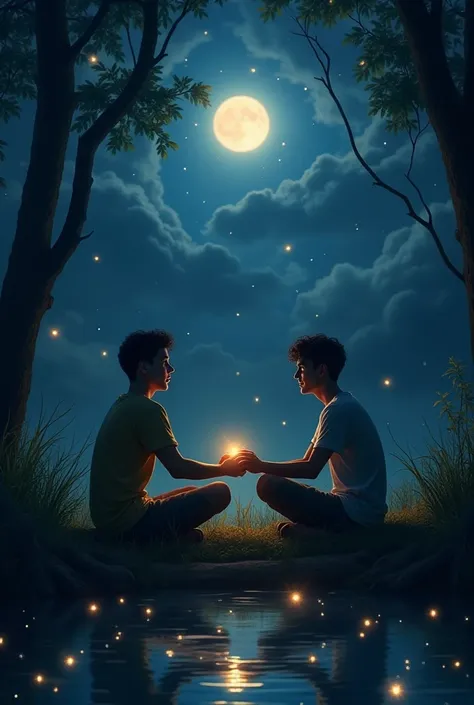 Two 25 years old male friend holding hands together in sitting position in a forest surrounded by  fireflies, one of the firefly sat on those hands. Moon in the sky with stars and cloud.Deem environment  and a pond near them where the reflection is seen.