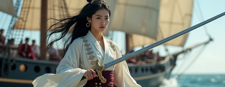 a beautiful Korean woman becomes a pirate king. he wore a pirate captain's shirt, and boarded the ship, on the foredeck, with a long sword brandishing.