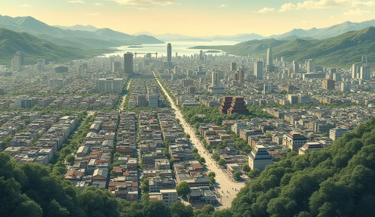 A historical-style aerial view of Hiroshima before the bombing.