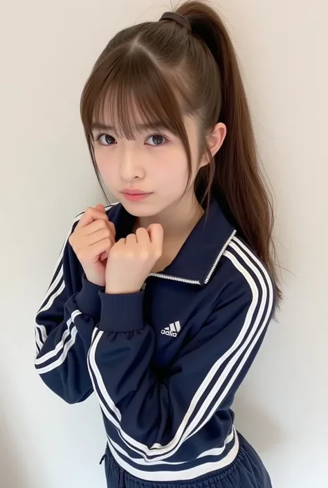 nsfw,  beautiful girl,  long hair,  wave hair,   high-position ponytail  ,  blue eyes, Big Breasts,  erect nipples,  slender body, ( abs),  curvy body, ( clear plastic body)、Cleavage emphasis、 gal makeup、 tracksuit、adidas、Trackwear